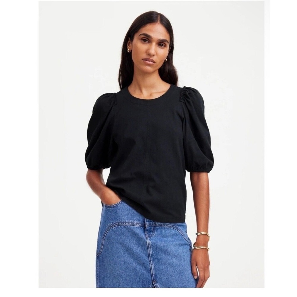 Madewell Puff Sleeve Top XXS Mixed Media Black Cotton Contemporary